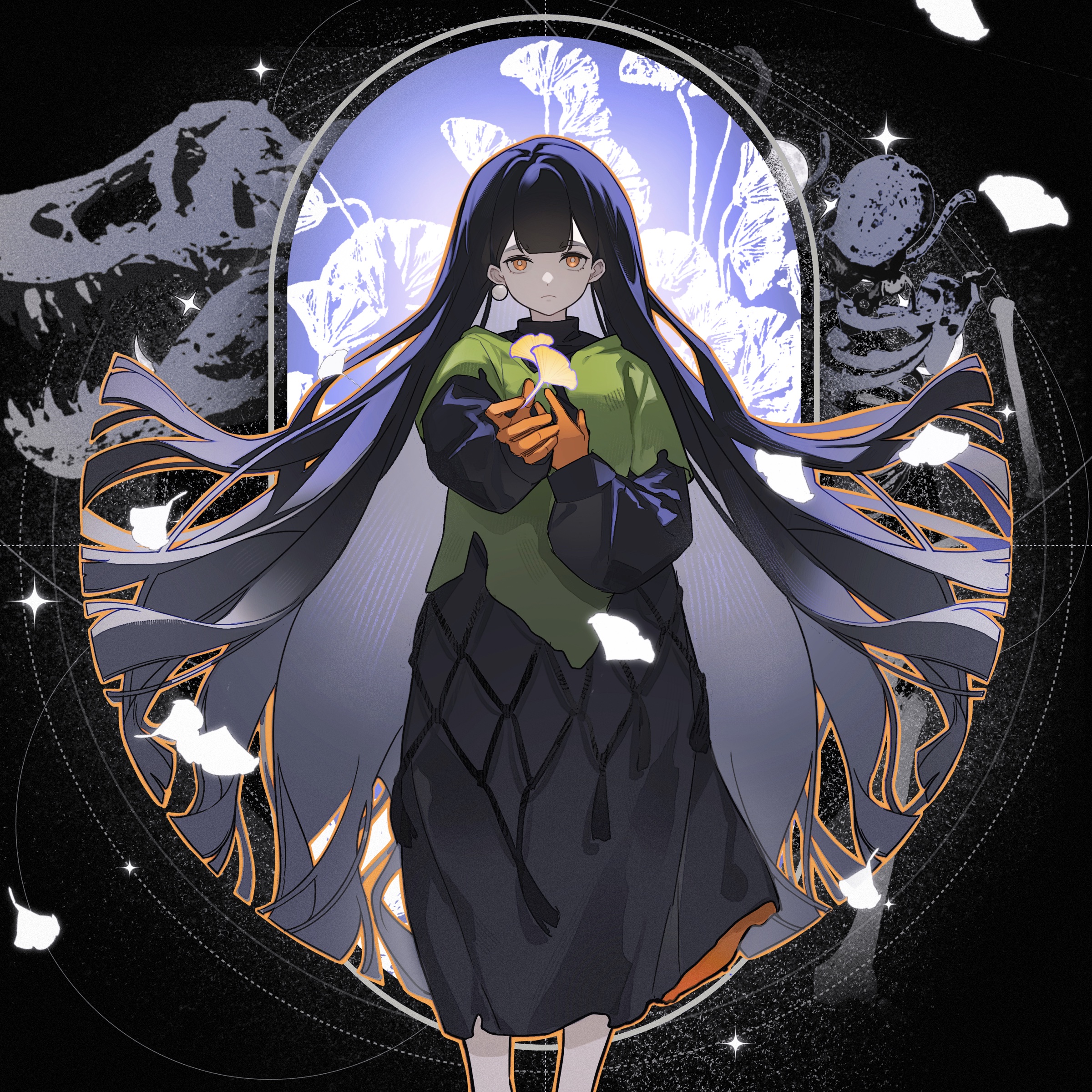 Illustration — anime girl with long hair, dark palette