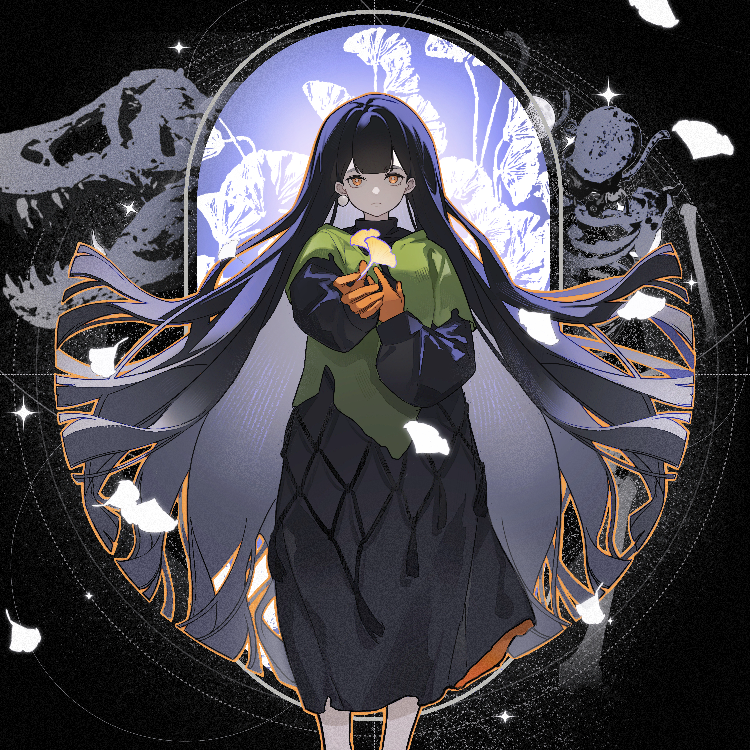 Illustration — anime girl with long hair, dark palette