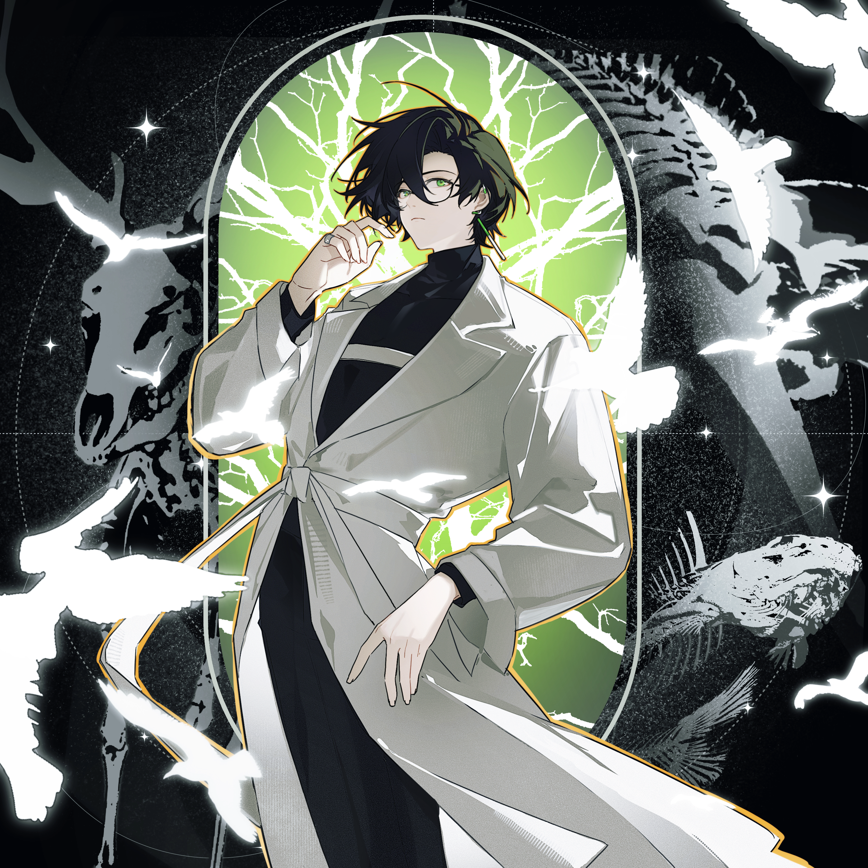 Illustration — anime figure in white coat, dark palette