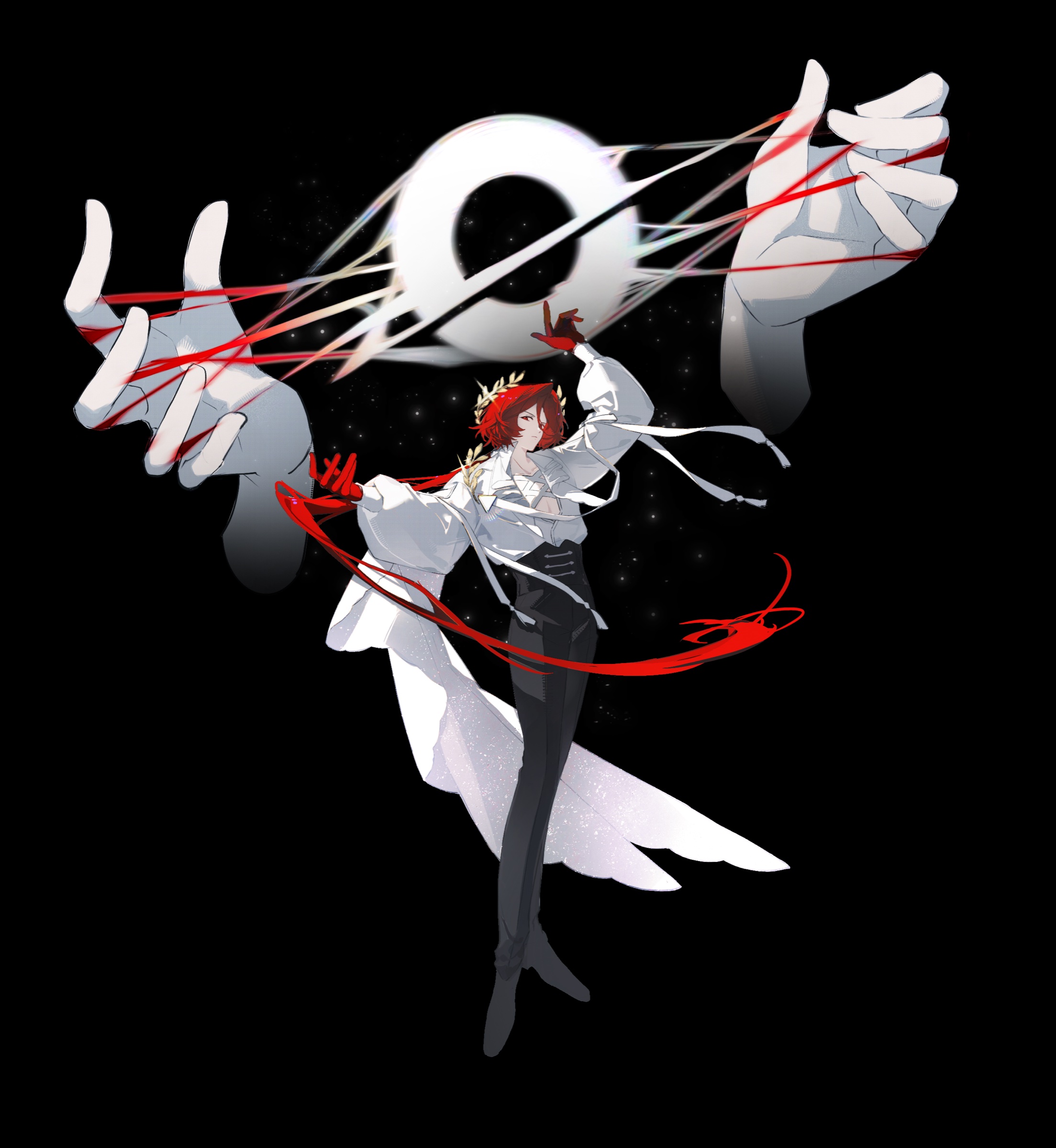 Illustration — figure with red strings on black