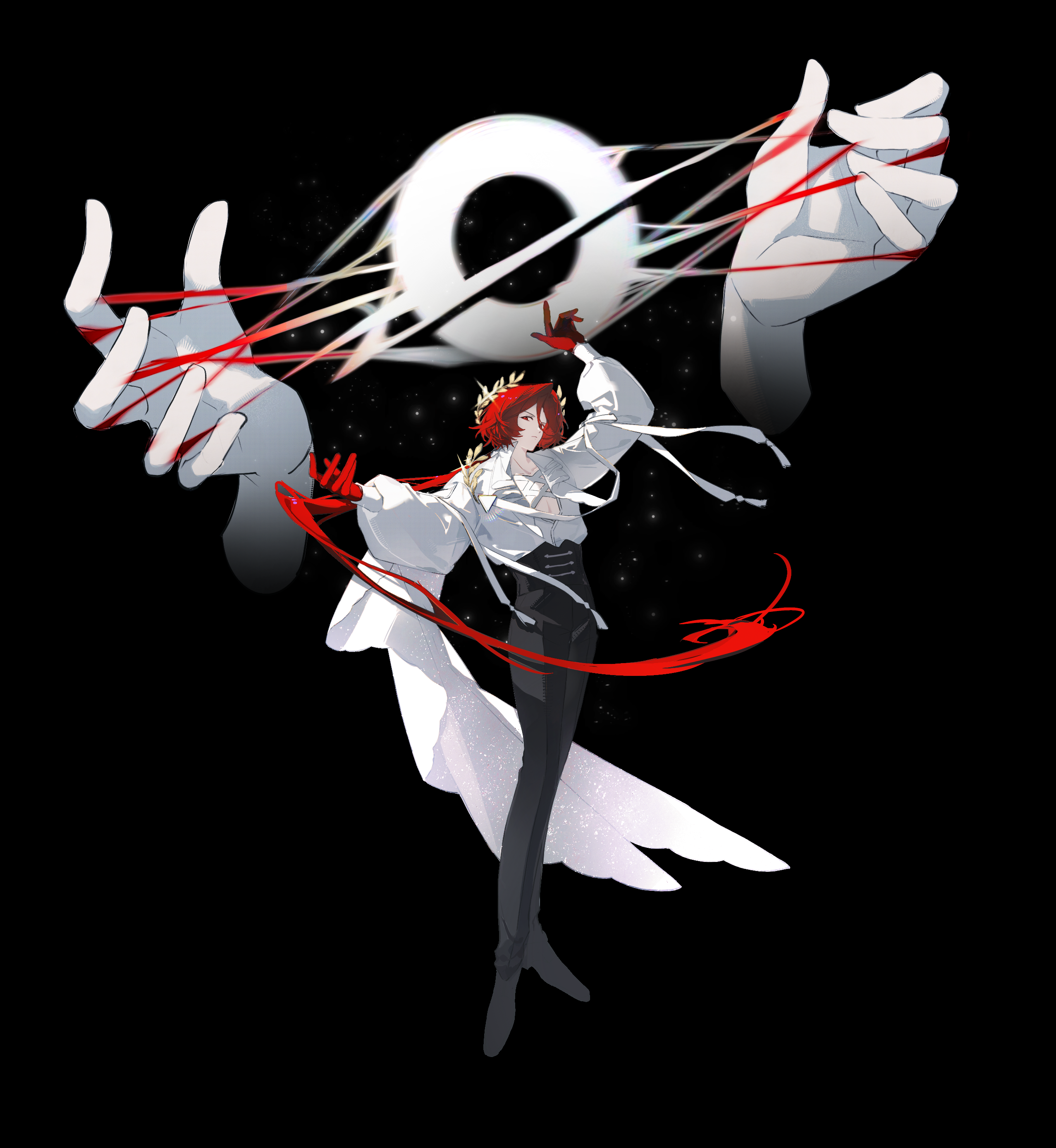 Illustration — figure with red strings on black