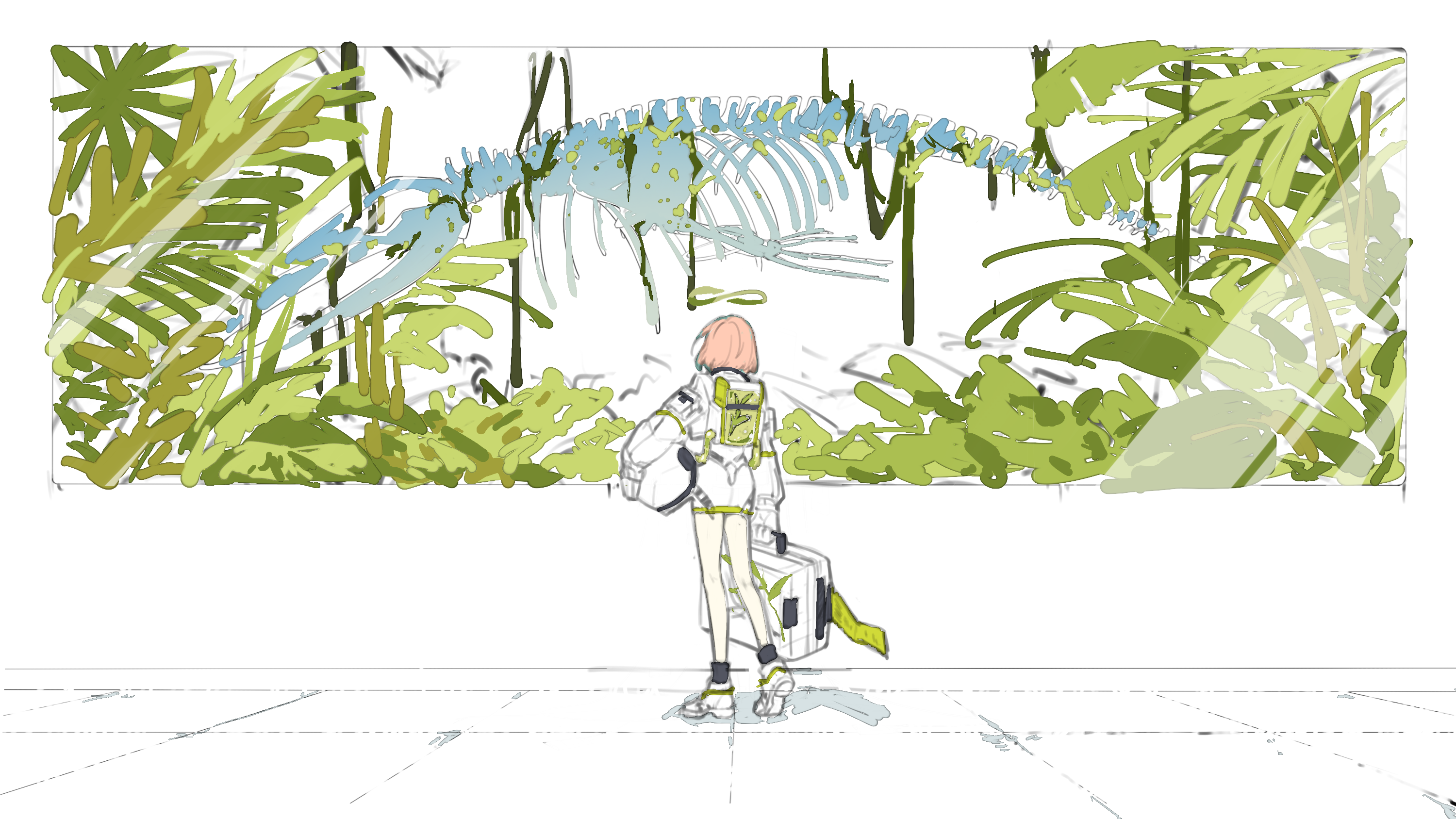 Illustration — figure before jungle dinosaur mural